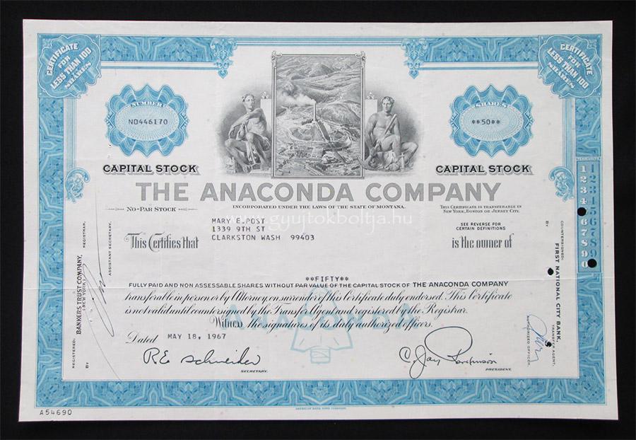 The Anaconda Company 50 r�szv�ny 1967 - b�ny�szat